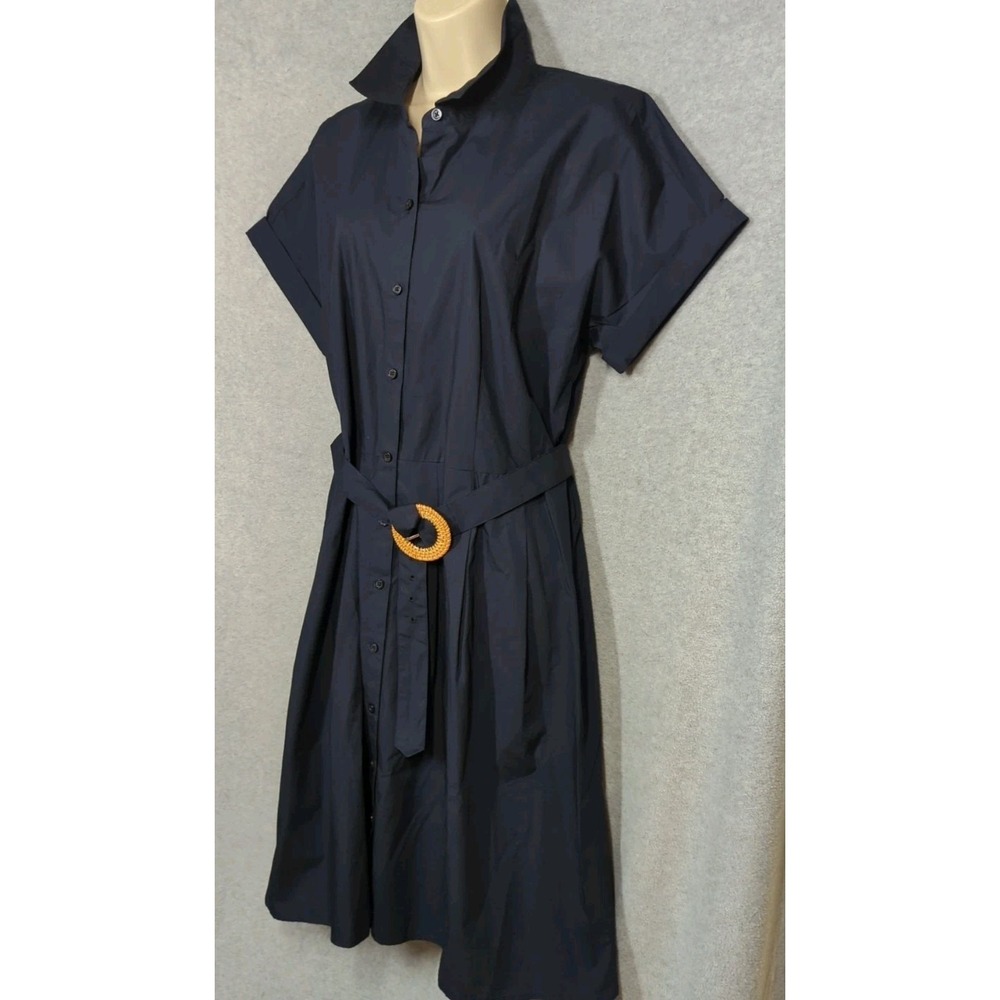 Classic Shirt Dress 14P Talbots Navy Button Up Belted Short Sleeve Timeless Chic